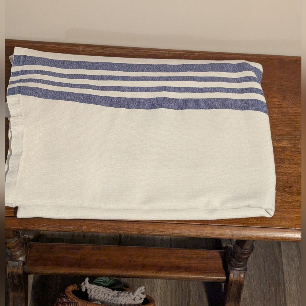 White and Blue Striped Blanket. 76x61 Inches. Vintage. Cotton Poly Blend.
